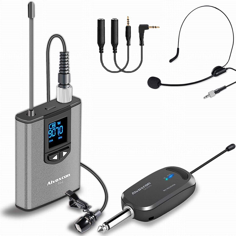 Alvoxcon Wireless Headset Lavalier Microphone System Wireless Lapel Mic Best for iPhone, DSLR Camera, PA Speaker, YouTube, Podcast, Video Recording, Conference, Vlogging, Church, Interview, Teaching Gray
