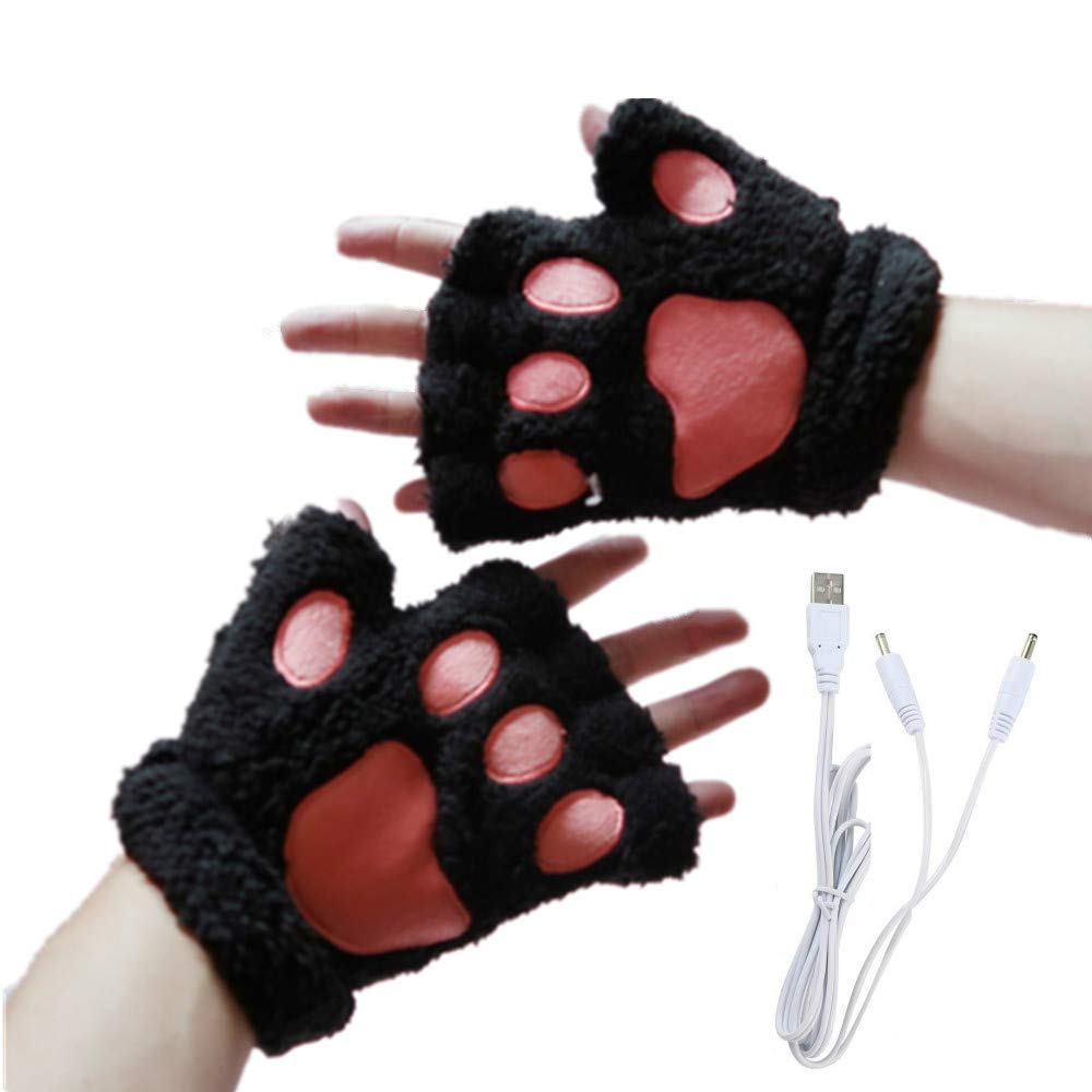 USB 2.0 Powered Stripes Heating Pattern Knitting Wool Cute Heated Paw Gloves Fingerless Hands Warmer Black