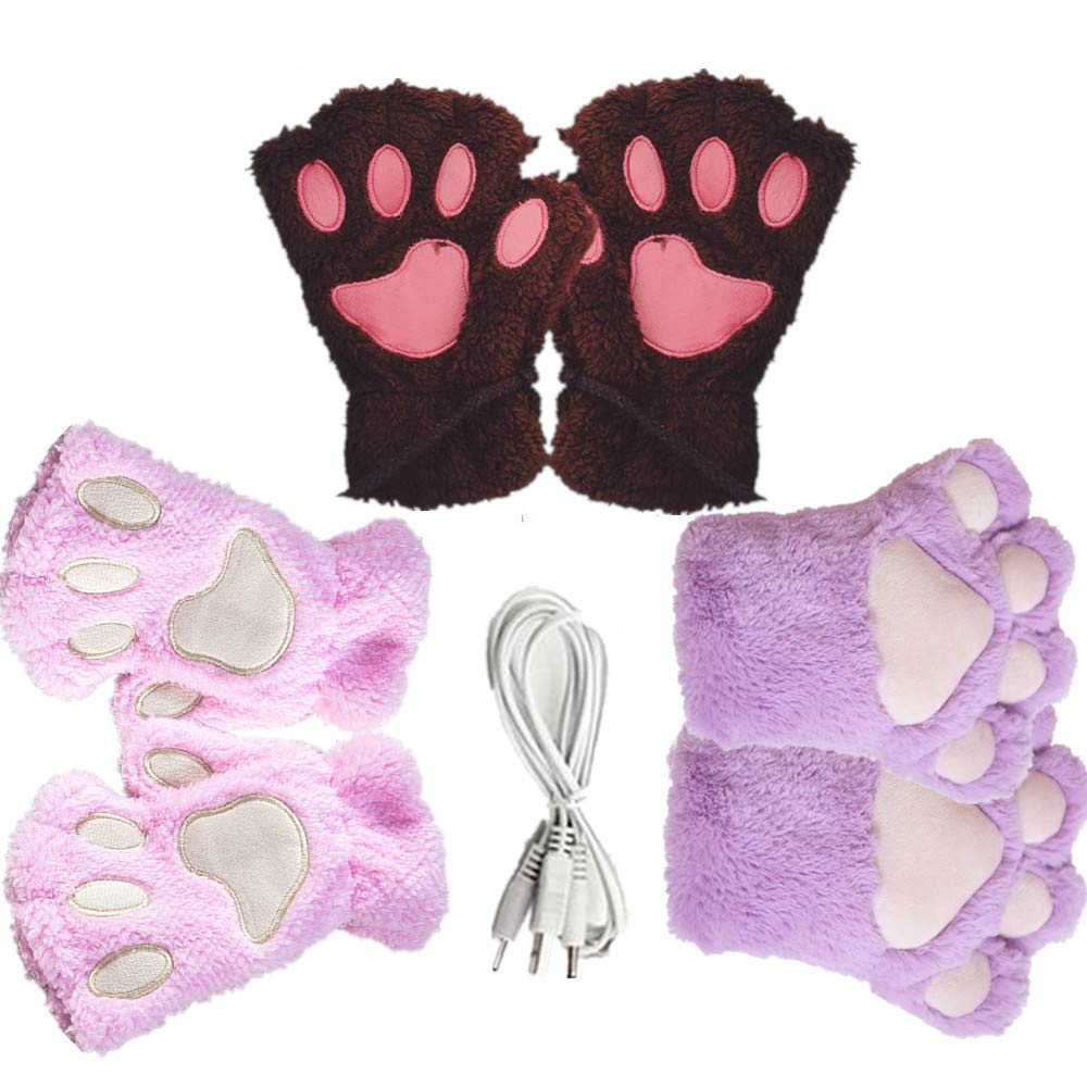 USB 2.0 Powered Stripes Heating Pattern Knitting Wool Cute Heated Paw Gloves Fingerless Hands Warmer 3 Pack Brown+pink+purple