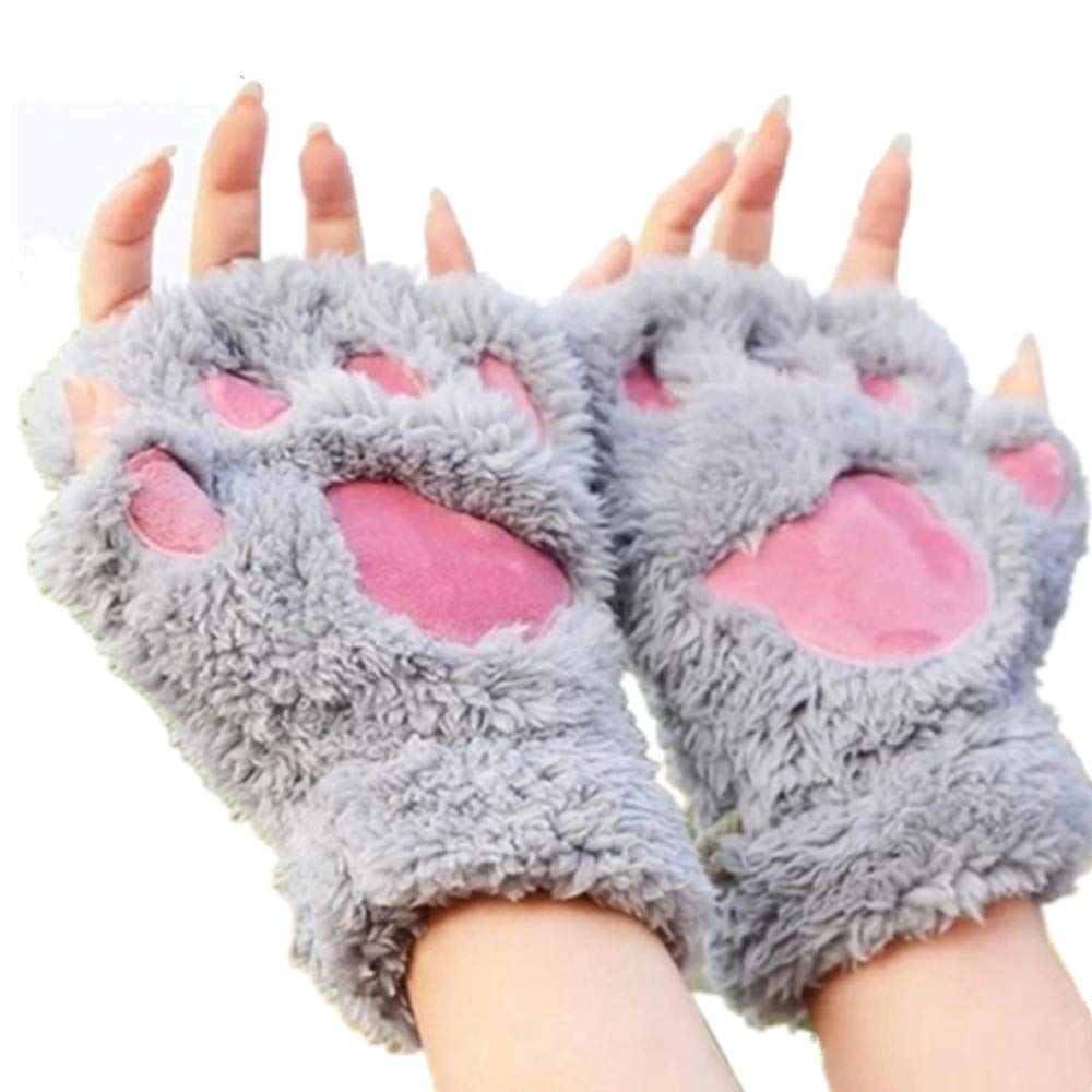 USB 2.0 Powered Stripes Heating Pattern Knitting Wool Cute Heated Paw Gloves Fingerless Hands Warmer Gray