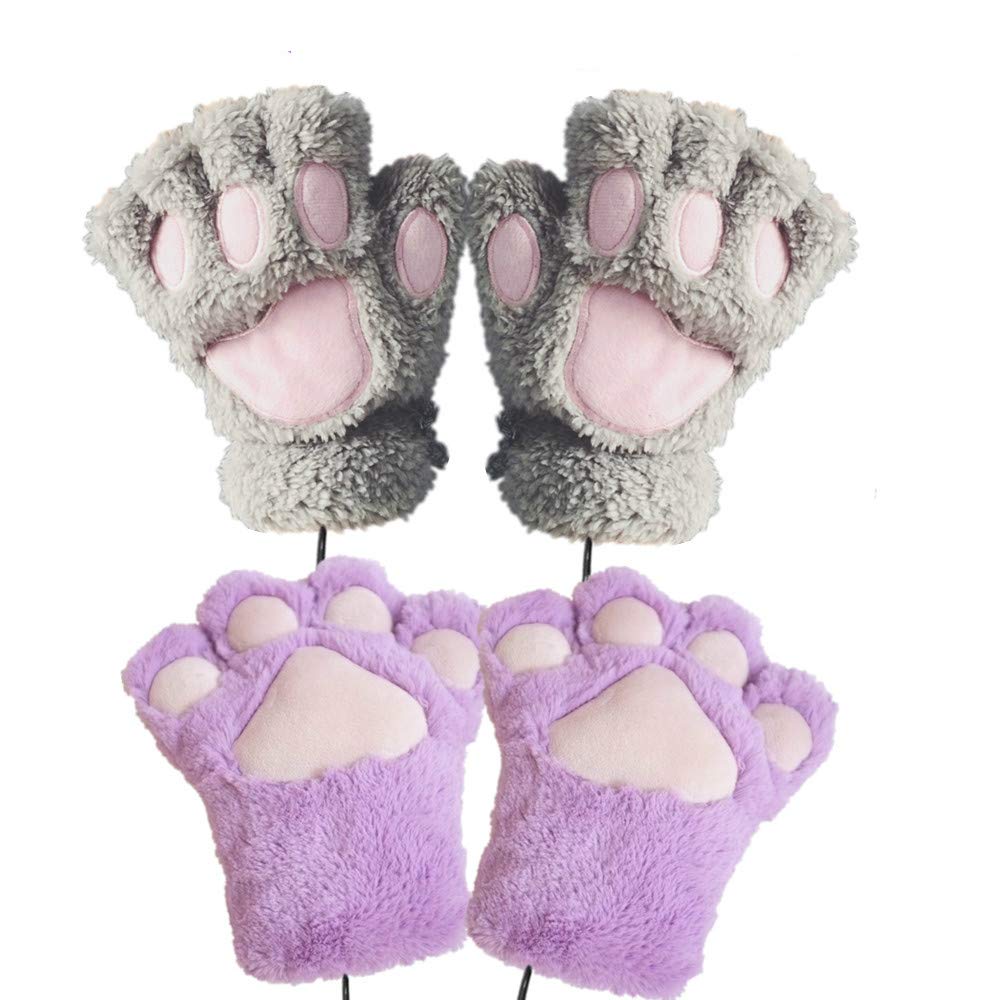 USB 2.0 Powered Stripes Heating Pattern Knitting Wool Cute Heated Paw Gloves Fingerless Hands Warmer 2 Pack Gray+purple