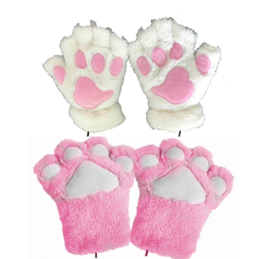 USB 2.0 Powered Stripes Heating Pattern Knitting Wool Cute Heated Paw Gloves Fingerless Hands Warmer 2 Pack Pink+white