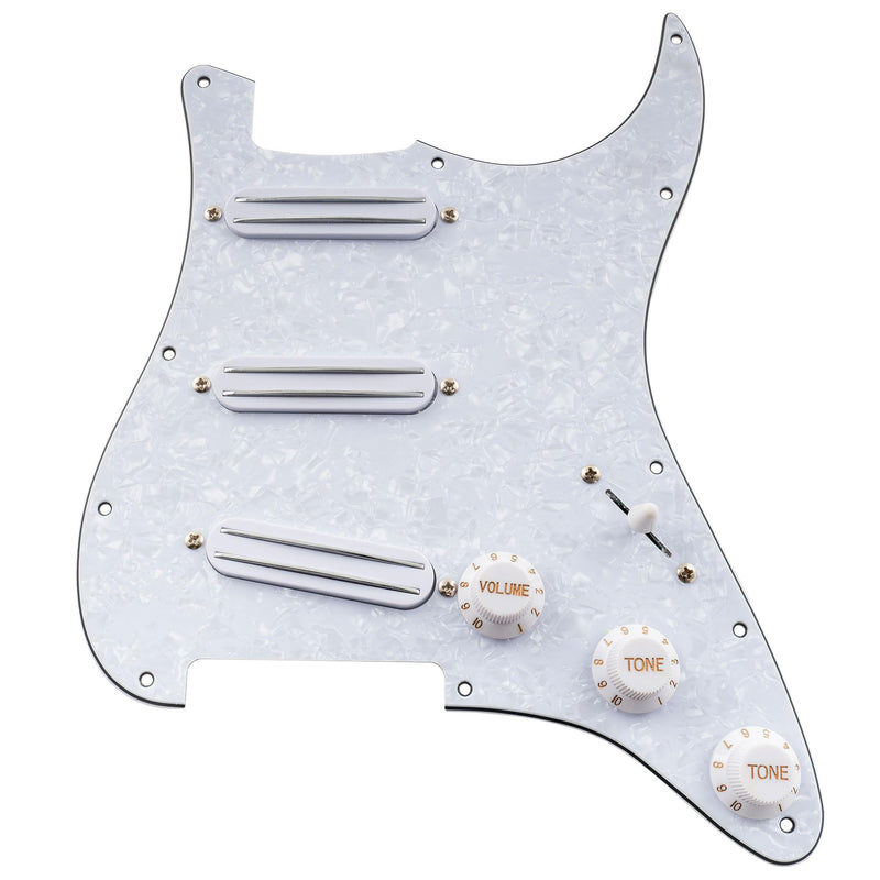 [AUSTRALIA] - Musiclily 11-Hole SSS Prewired Loaded Pickguard with Dual Hot Rail High Output Pickups Set for Fender Squier Strat Electric Guitar, 4Ply White Pearl 