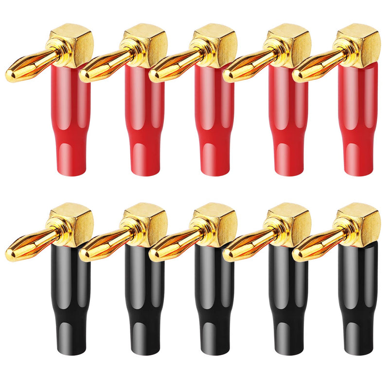10pcs Right Angle Speaker Plugs 4mm/0.16" 90 Degree Speaker Connector Right Angle Banana Plugs for Speaker Wire (Red and Black)