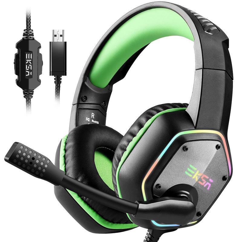 EKSA Gaming Headset with 7.1 Surround Sound Stereo, PS4 USB Headphones with Noise Canceling Mic & RGB Light, Compatible with PC, PS4, Laptop (Green) Green