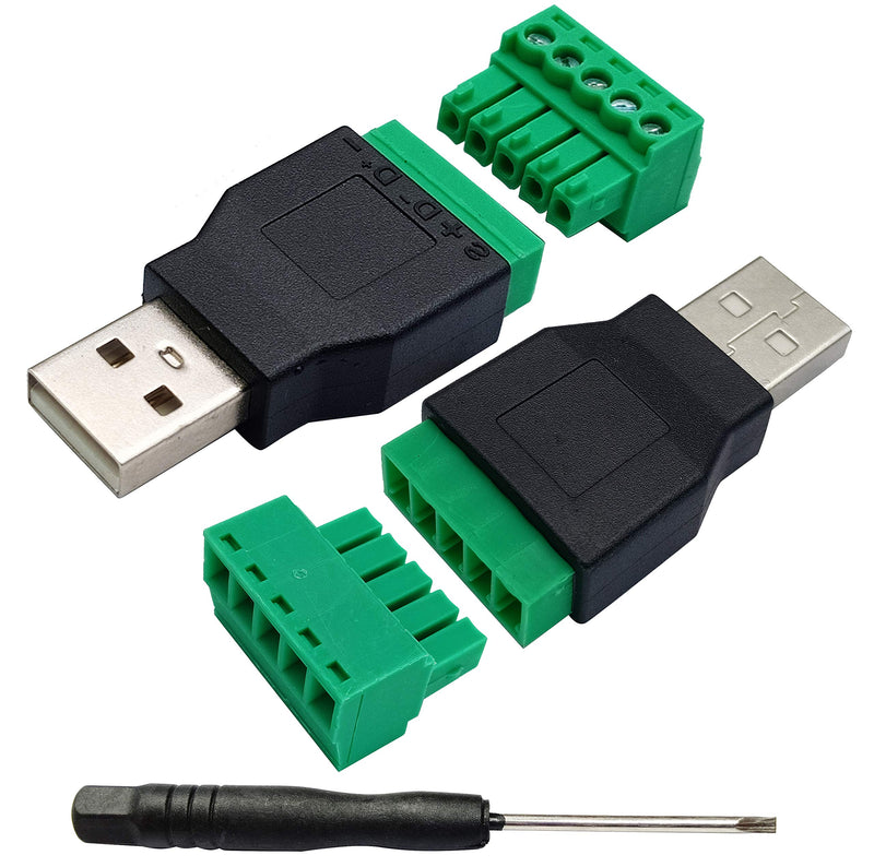 AAOTOKK USB 2.0 A Screw Terminal Block Adapter USB 2.0 A Male to 5 Pin/Way Female Bolt Screw Shield terminals Pluggable Type Adapter Connector for Charging and Data Transfer (2Pack/Male)
