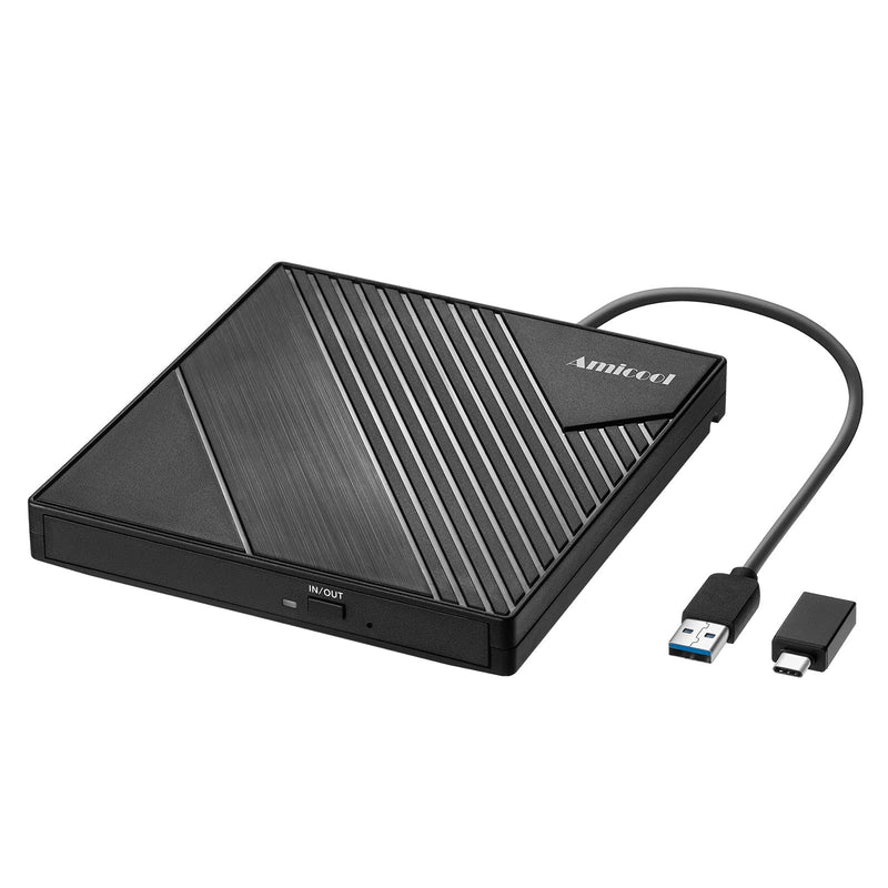 Amicool External DVD Drive USB 3.0 USB C CD Burner CD/DVD +/-RW Optical Drive, Slim Portable DVD Player CD ROM Rewriter Writer Reader for Laptop Desktop PC Windows 11/10/8/7 MacBook Mac Linux OS Apple Standard