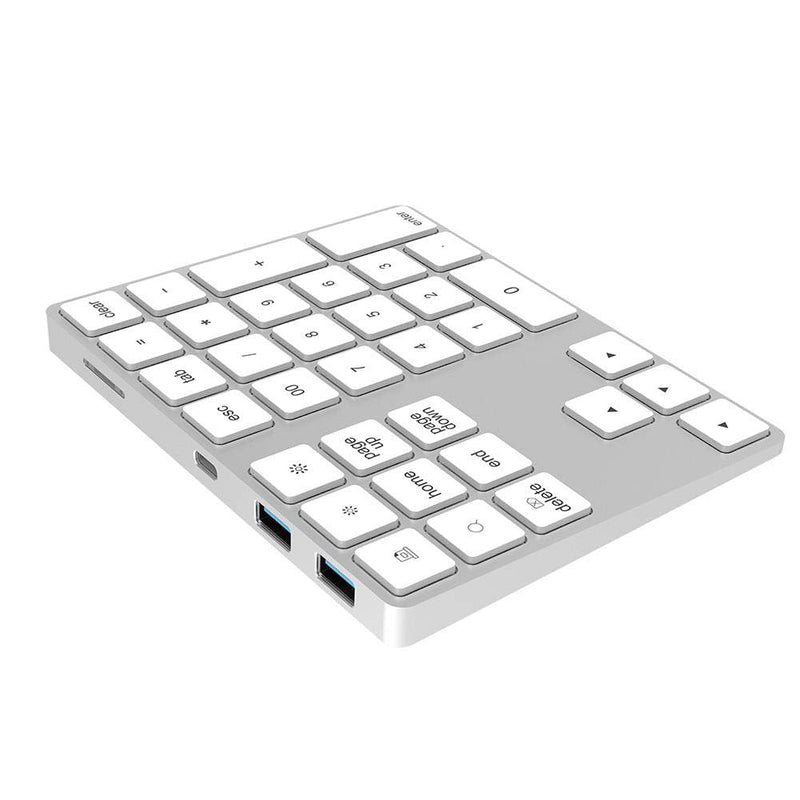 ASHATA Wireless Numeric Keypad,34 Keys Mini Portable Bluetooth Numpad,Ergonomic Bluetooth Numeric Keypad Aluminum Alloy HUB Type-C USB 3.0 Numeric Pad for Windows (Silver) Silver