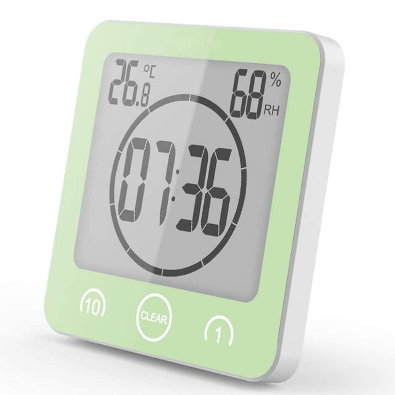 [AUSTRALIA] - Digital Bathroom Shower Wall Clock Timer with Alarm, LCD Display, Waterproof, Temperature, Humidity, 12/24hr Time, 10/1 Minute Timer, Compact, Easy to Install, Green 