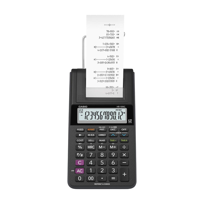 Casio HR-10RC Mini Desktop Printing Calculator, Black | Portable, 12-digit display, one-color printer, tax & currency; ideal for bookkeeping