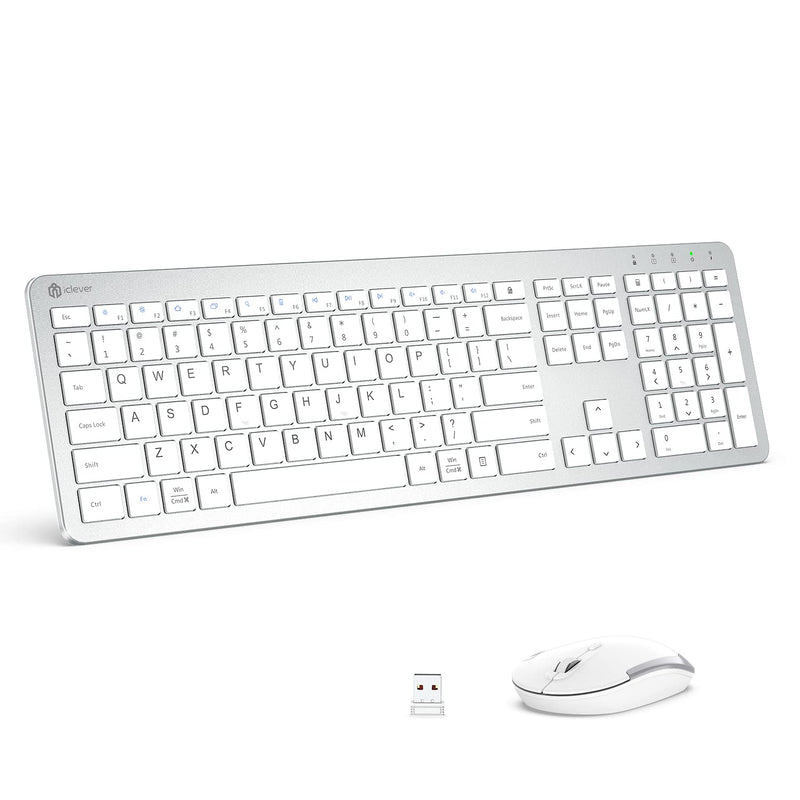 iClever GK08 Wireless Keyboard and Mouse - Rechargeable Keyboard Ergonomic Quiet Full Size Design with Number Pad, 2.4G Stable Connection Slim White Keyboard and Mouse for Windows Mac OS Computer Silver