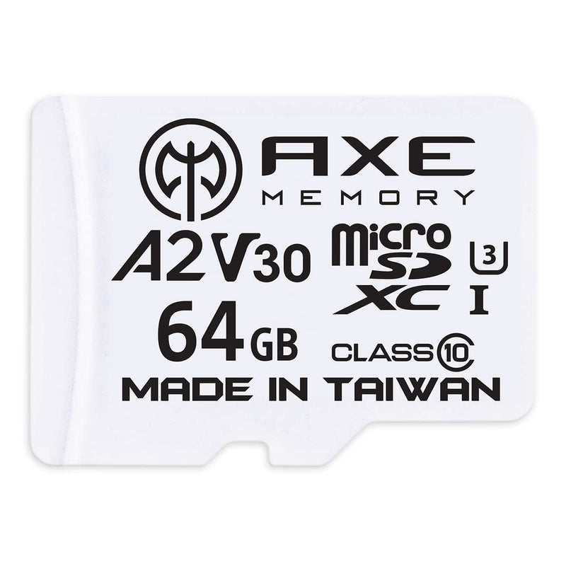 AXE MEMORY 64GB microSDXC Memory Card + SD Adapter with A2 App Performance, V30 UHS-I U3 4K White - A2 Premium Speed 64 GB