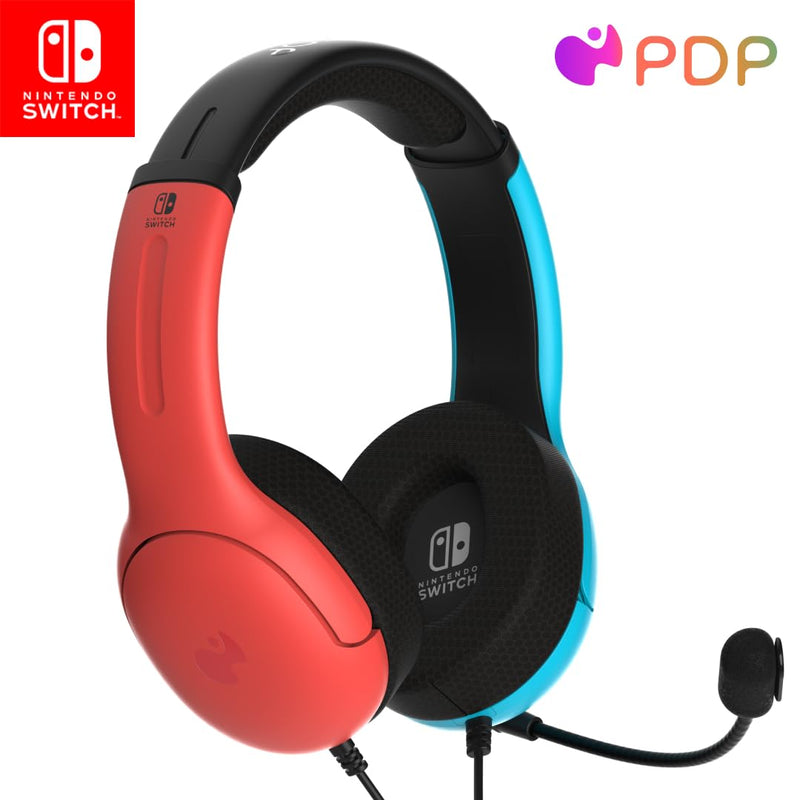 PDP Gaming LVL40 Airlite Stereo Headset for Nintendo Switch/Lite/OLED - Wired Power Noise Cancelling Microphone, Lightweight Soft Comfort On Ear Headphones (Mario Neon - Red & Blue) Blue & Red