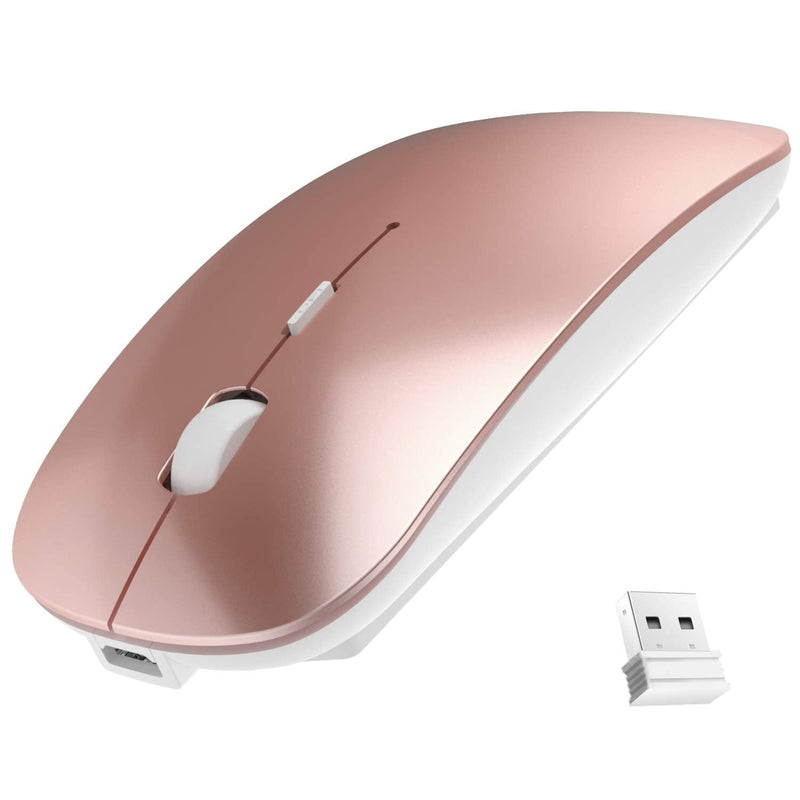 2.4GHz Wireless Bluetooth Mouse, Dual Mode Slim Rechargeable Wireless Mouse Silent USB Mice, 3 Adjustable DPI,Compatible for Laptop Windows Mac Android MAC PC Computer (Rose Gold)