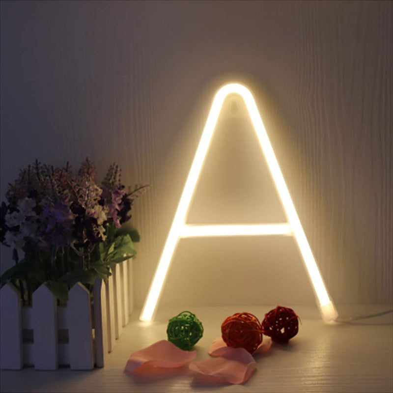 [AUSTRALIA] - ENUOLI Warm White Neon Letter Sign Night Lights Neon Words Battery/USB Powered LED Alphabet Neon Art Lights Wall Decor Light up Words for Wedding Birthday Party Christmas Home Bar Decoration (A) 