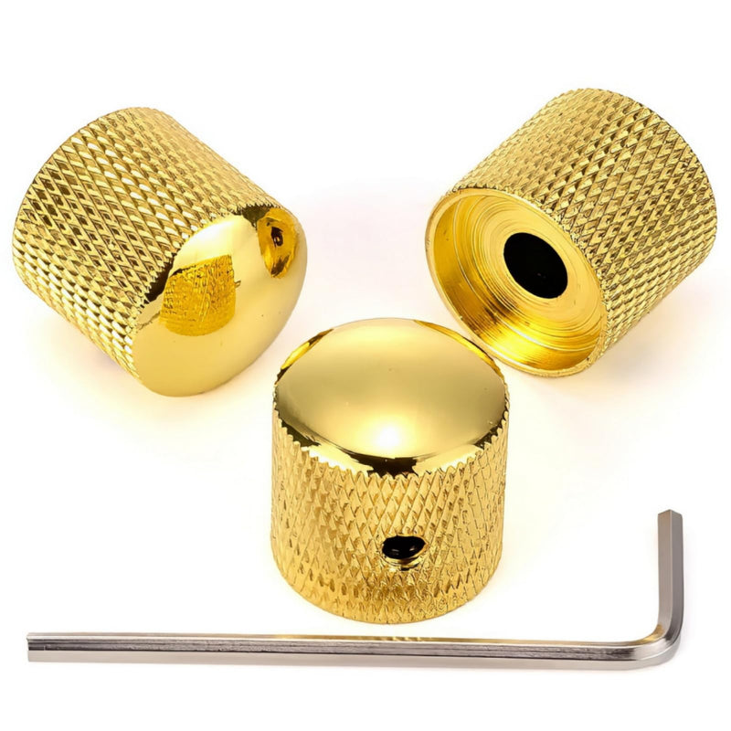 [AUSTRALIA] - 3PCS Metal Volume Tone Dome Guitar Speed Control Knurled Shaft Pots Knobs with Keys Screws Set for Electric Guitar or Bass (Gold) 