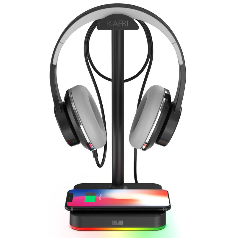 RGB Headphone Stand with Wireless Charger KAFRI Desk Gaming Headset Holder Hanger Rack with 10W/7.5W Fast Charge QI Wireless Charging Pad - Suitable for Gamer Desktop Table Game Earphone Accessories A-ONE STAND