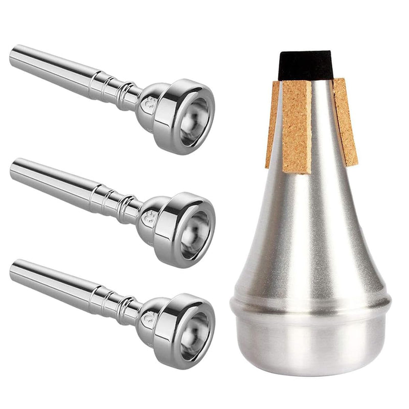 [AUSTRALIA] - 3 Pack Trumpet Mouthpiece (3C 5C 7C) with Lightweight Aluminum Practice Trumpet Mute Silencer Fit for Yamaha Bach Conn King Replacement Musical Instruments Accessories, Silver 