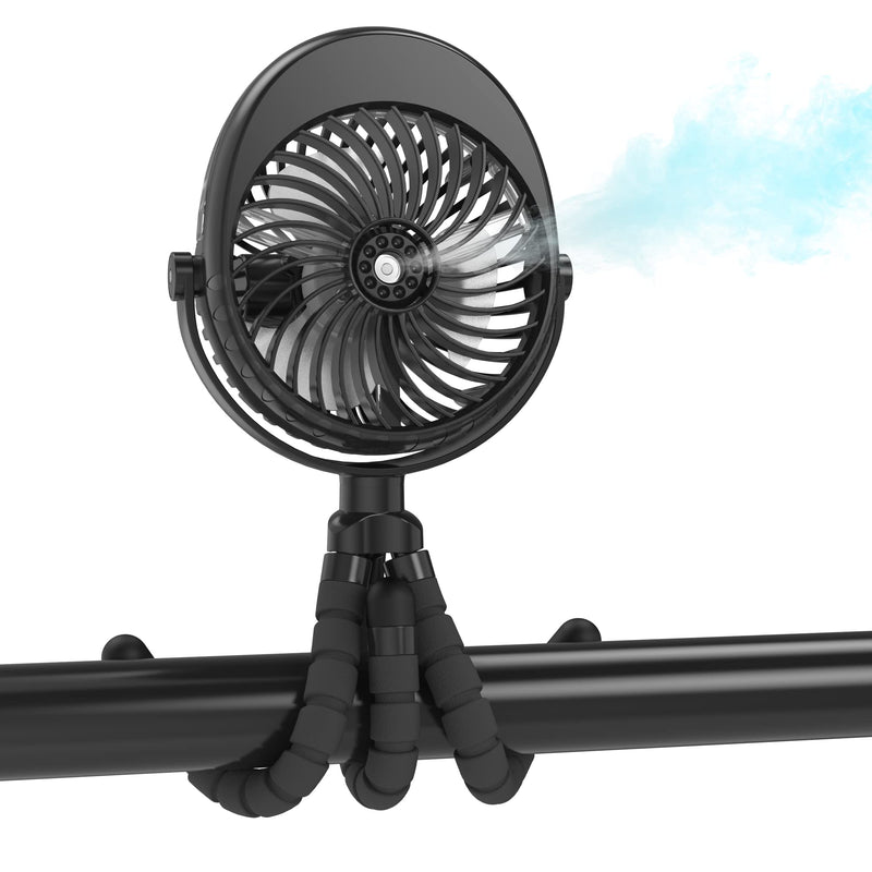 Misting Stroller Fan, 2500mAh Battery Powered Personal Desk Air Circulator Fan with Flexible Tripod, Ultra Quiet 3 Speed 270° & 360° Rotatable USB Fan for Stroller Office Camping Hurricane Outage,Black Black