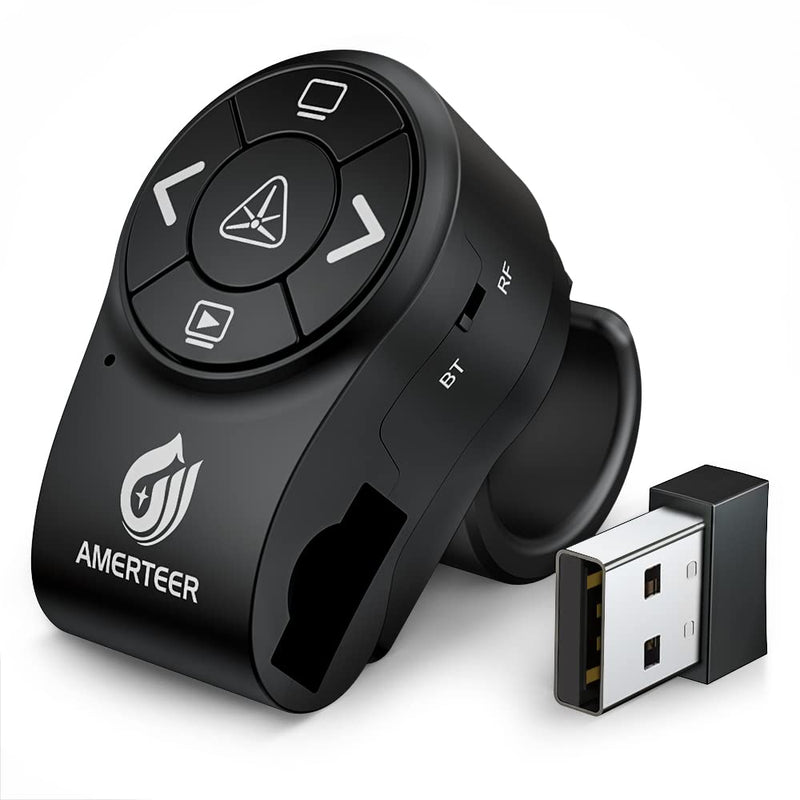 AMERTEER Bluetooth Wireless Presenter, RF 2.4GHz Presentation Clicker, Finger Ring Remote PowerPoint PPT Slides Rechargeable BT