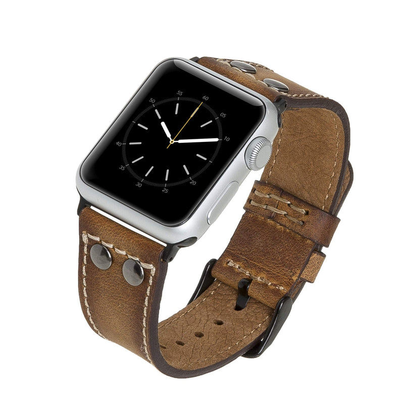 Venito Como Leather Watch Band Compatible with the Apple Watch Series 1,2,3,4,5,6,7,SE - 45mm/44mm/42mm/41mm/40mm/38mm w/Stainless Steel Hardware (Antique Brown w/Black Connector&Clasp, 38-40mm)