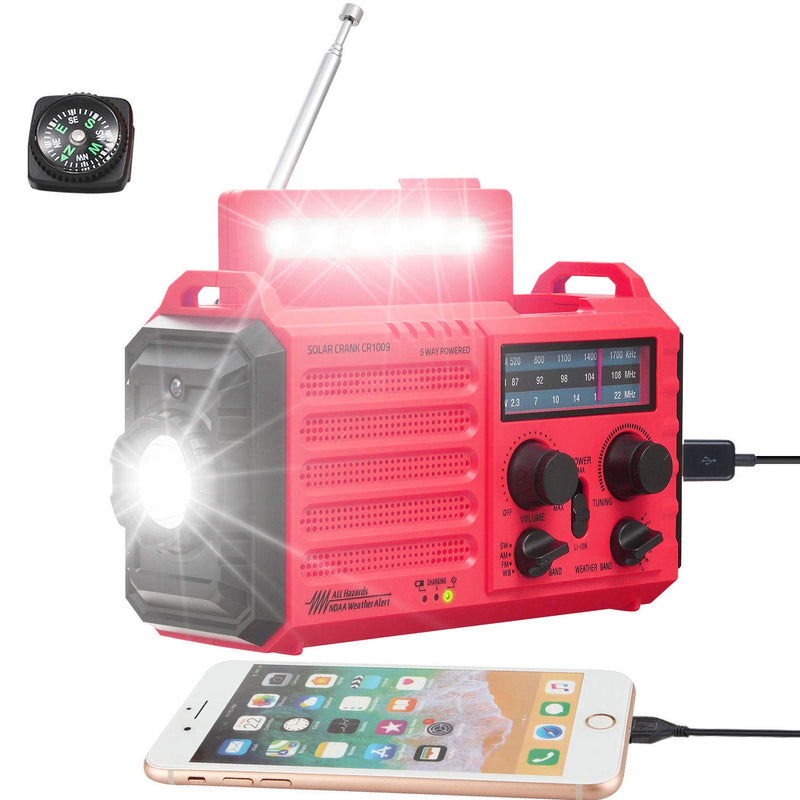 5000mAh Weather Alert Radio, AM/FM/SW/NOAA Radio, Solar Hand Crank Portable Survival Emergency Radio,Rechargeable Battery Power Bank USB Cellphone Charger,Camping Flashlight Lantern,SOS Alarm,Compass Red