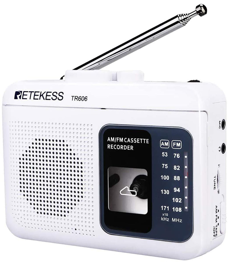 Retekess TR606 Portable Cassette Players Recorders, AM FM Radio Tape Player, Powered by DC or AA Battery with Recorder and AUX Input (White)