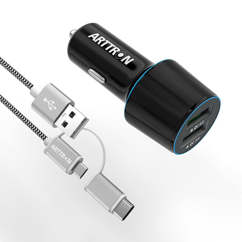 [AUSTRALIA] - 12V-24V Car Cigarette Lighter USB Charger,Arttron Dual Port 24W 4.8A Car Fast Charger Adapter(Premium Alloy Head) with 1X3Ft Type C 2 in 1 Fast Charging&Data-transfer Cable,for Samsung,iphone,Android. Black/grey 