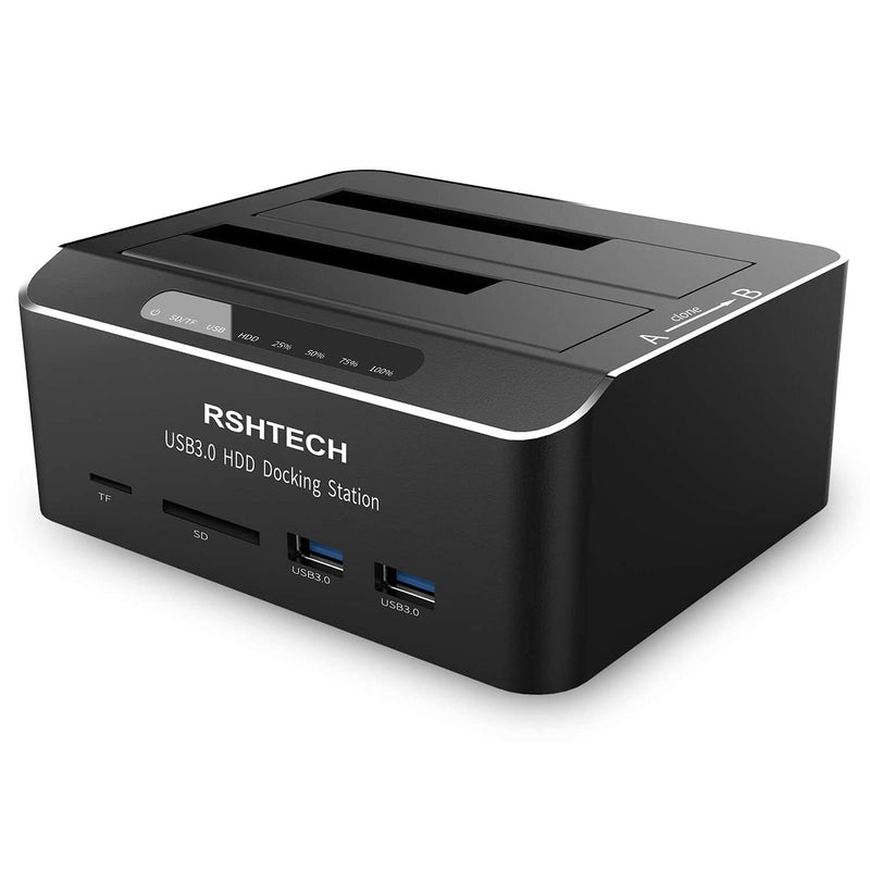 Hard Drive Docking Station RSHTECH USB 3.0 Aluminum Dual Bay Hard Drive Dock for 2.5" & 3.5" SATA HDD SSD with SD TF Card Reader and Offline Clone/Duplicator Function Support 16TB Tool-Free