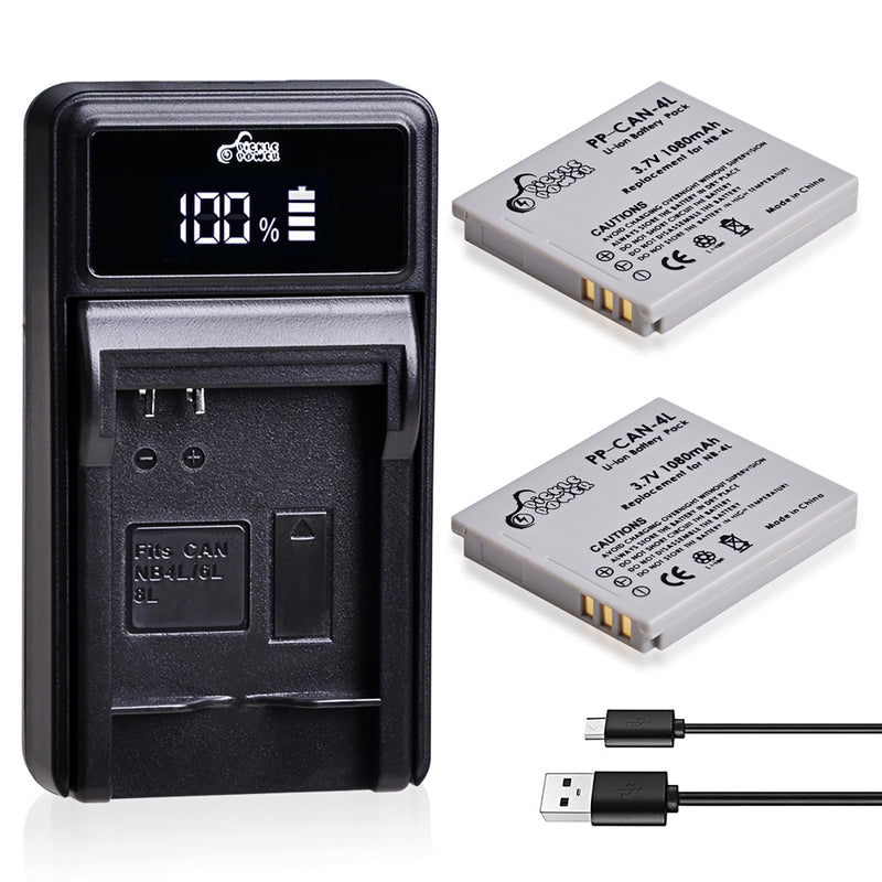 Pickle Power NB-4L Battery and LED Display Charger for Canon PowerShot ELPH 100 HS 300 HS 330 HS 310 HS SD1000 SD1100 is SD1400 is SD200 SD30 SD300 SD40 SD400 SD600 SD750 2 battery +LED display charger