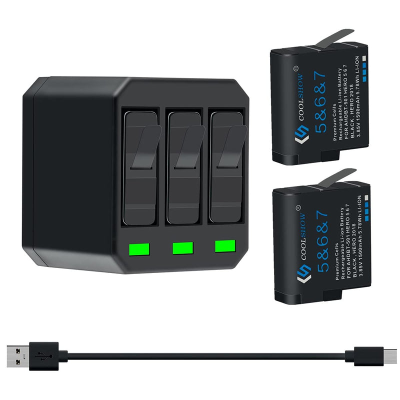 COOLSHOW Hero 7 6 5 Battery Replacement (2 Packs) and Triple HERO 7 Charger Compatible with GoPro Hero 7 Black,Hero 6 Black, Hero 5 Black, Hero 2018 and Charger Compatible with Hero 8 2xBatteries+1xCharger