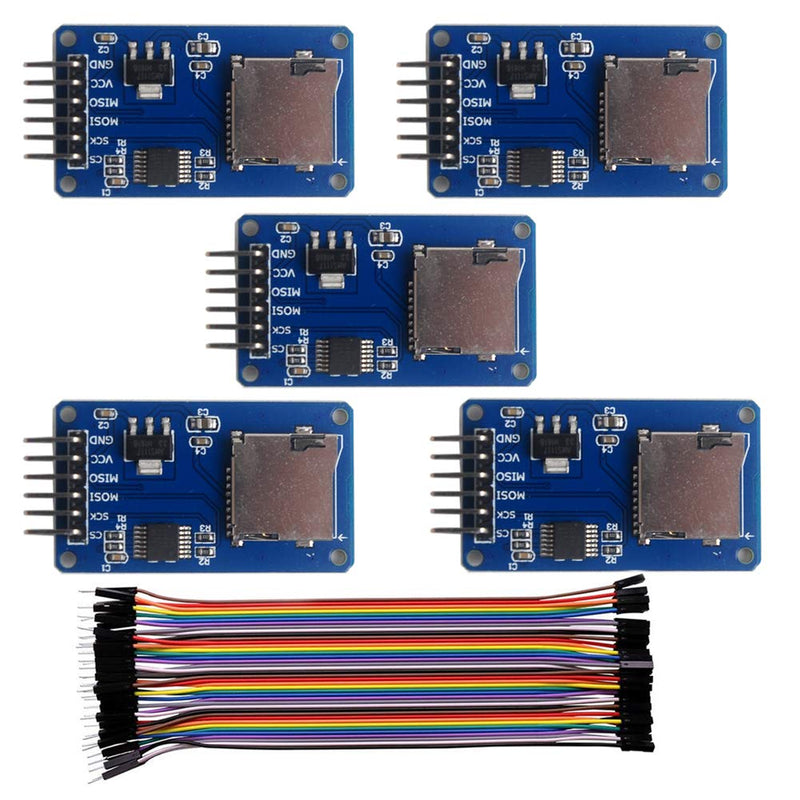 Geekstory 5 PCS Micro SD Card Module Mini TF Card Adapter with Memory Storage Breakout Board SPI Interface Driver + 40 PCS Female to Male Dupont Cable Line for Arduino Raspberry Pi