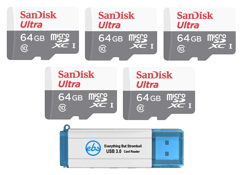 SanDisk Ultra 64GB microSDXC Memory Card (5 Pack) UHS-I Class 10 SDSQUNS-064G-GN3MN Bundle with (1) Everything But Stromboli 3.0 SD/TF Micro Card Reader