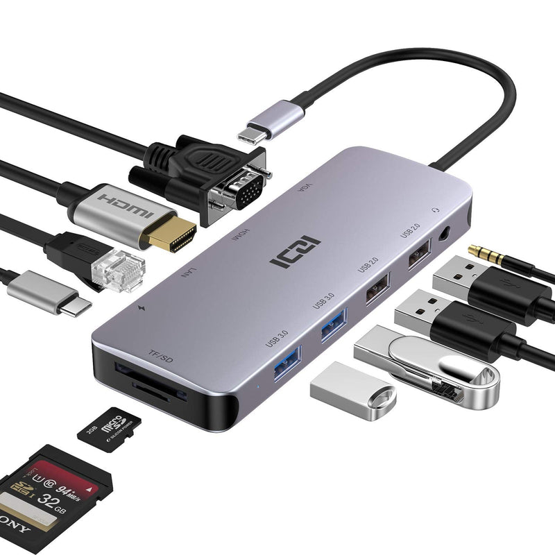 USB C Hub ,Type C Hub ,ICZI 11 in 1 Adapter with Ethernet ,4K USB C to HDMI,VGA, 2 USB 3.0 2 USB 2.0, SD/TF Card Reader,Mic/Audio,USB C Pd 3.0, Compatible for Mac Pro and Other Type C Laptops