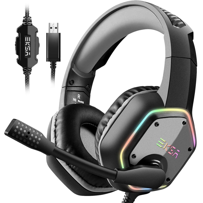 EKSA E1000 USB Gaming Headset for PC - Computer Headphones with Microphone/Mic Noise Cancelling, 7.1 Surround Sound Wired Headset&RGB Light - Gaming Headphones for PS4/PS5 Console Laptop Gray