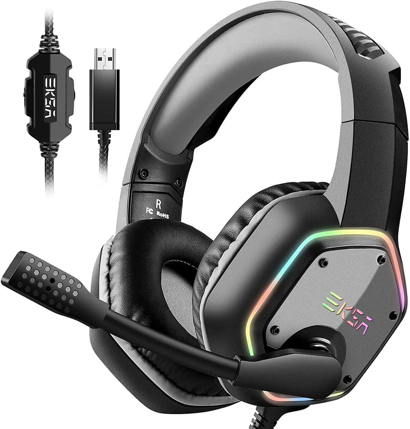 [AUSTRALIA] - EKSA E1000 USB Gaming Headset for PC, Computer Headphones with Microphone/Mic Noise Cancelling, 7.1 Surround Sound, RGB Light - Wired Headphones for PS4, PS5 Console, Laptop, Call Center Grey 