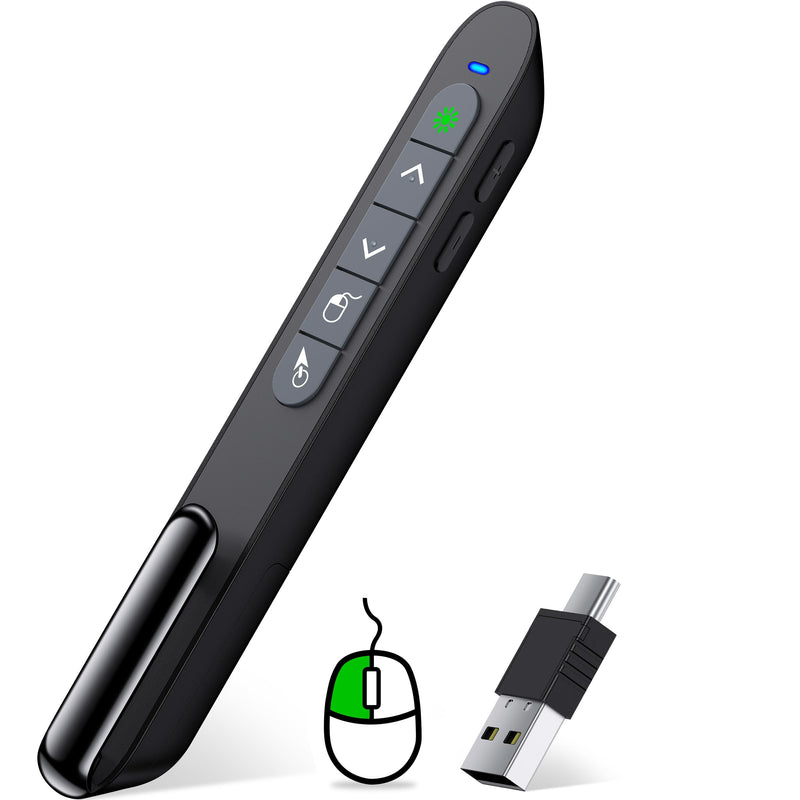 Green Light Wireless Presentation Clicker with Air Mouse, 2.4GHz Rechargeable USB-A/USB-C PowerPoint Clicker Slide Advancer, Presenter for PC, Mac, Computer Green L+Rechargeable+Mouse