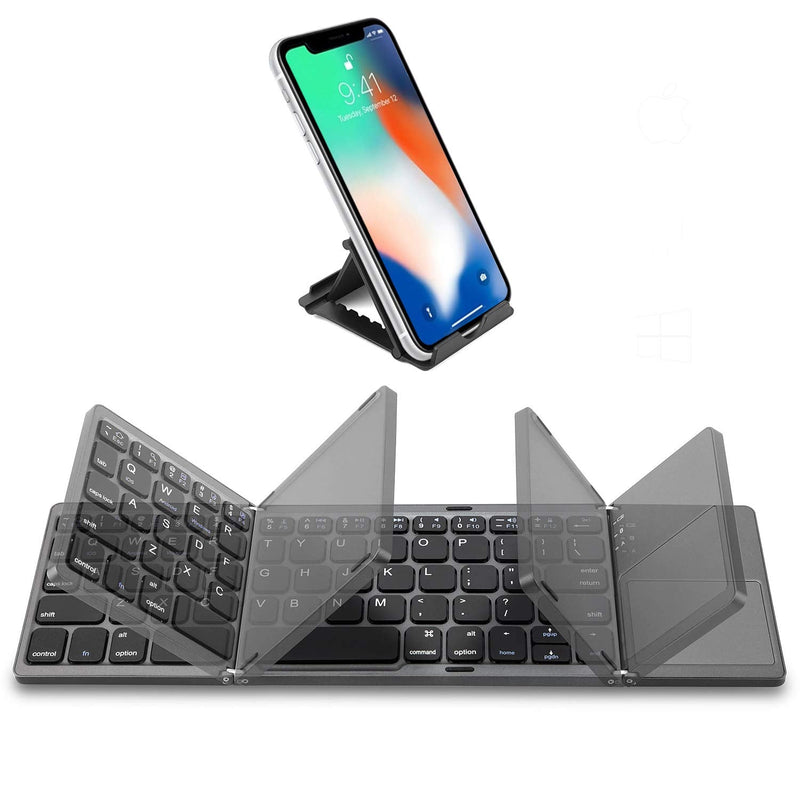 Foldable Bluetooth Keyboard with Touchpad - Samsers Portable Wireless Keyboard with Stand Holder, Rechargeable Full Size Ultra Slim Pocket Folding Keyboard for Android Windows IOS Tablet & Laptop-Gray Grey (BTx1)