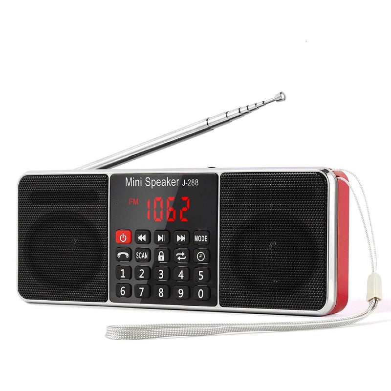 PRUNUS J-288 Portable Radio AM FM Radio with Bluetooth Speaker, Sleep Timer, Power-Saving Display, Ultra-Long Antenna, AUX Input & USB Disk & TF Card MP3 Player, NO Manual Preset Red