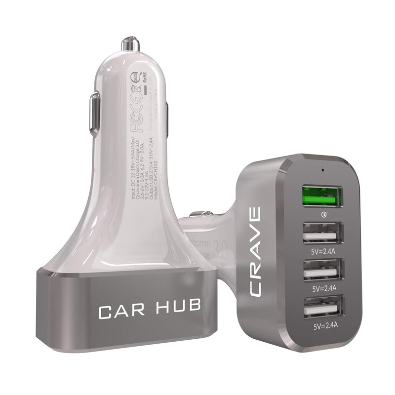 Crave CarHub 54W 4 Port USB Car Charger, Qualcomm Quick Charge 3.0 - White