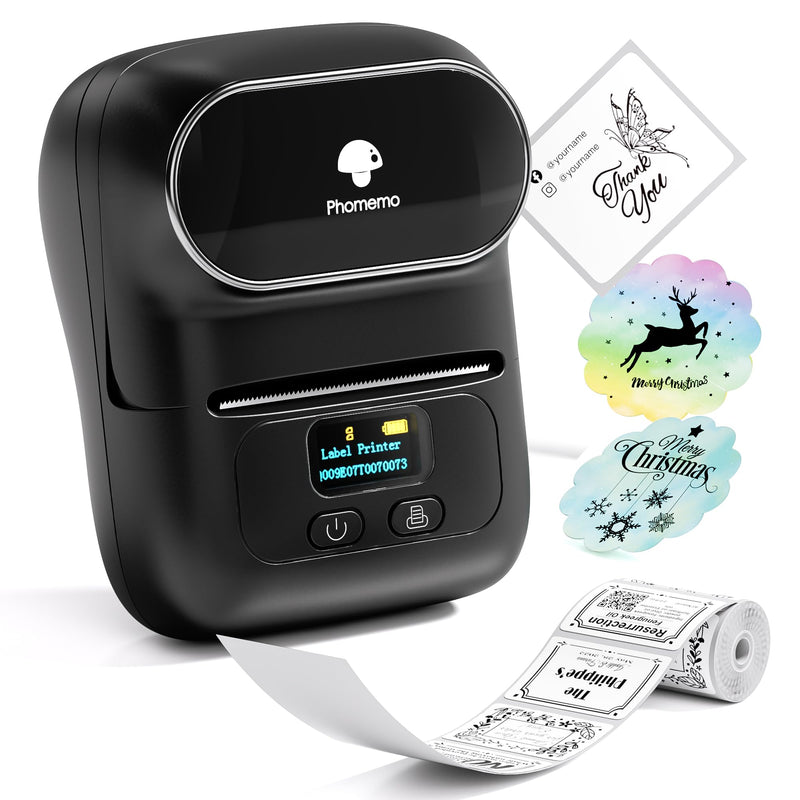 Phomemo M110 Label Makers - Barcode Label Printer Bluetooth Portable Thermal Printer for Small Business, Address, Logo, Clothing, Mailing, Sticker Printer for Phones & PC, Black 1 Printer + 1 Roll Label