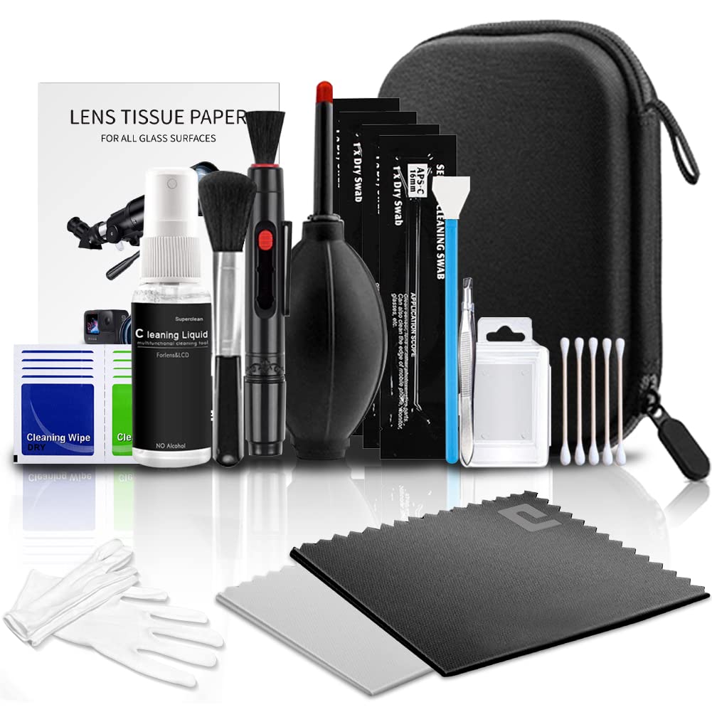 Professional Camera Cleaning Kit (with Waterproof Case),Including Cleaning Solution/5 APS-C Cleaning Swabs/Lens Pen/Air Blower/Cleaning Cloth for DSLR Cameras(Canon,Nikon,Sony)
