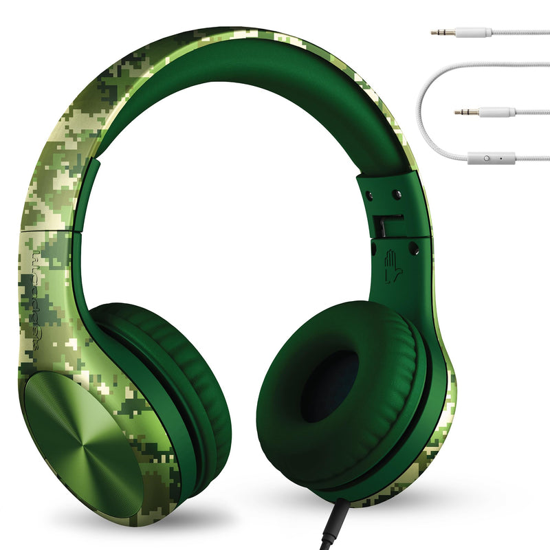 LilGadgets Connect+ Pro Wired Kids Headphones for School with Microphone, Volume Limiting Over-Ear Headset with Cord, SharePort Technology & SoftTouch Padding, Green Digital Camo Printed