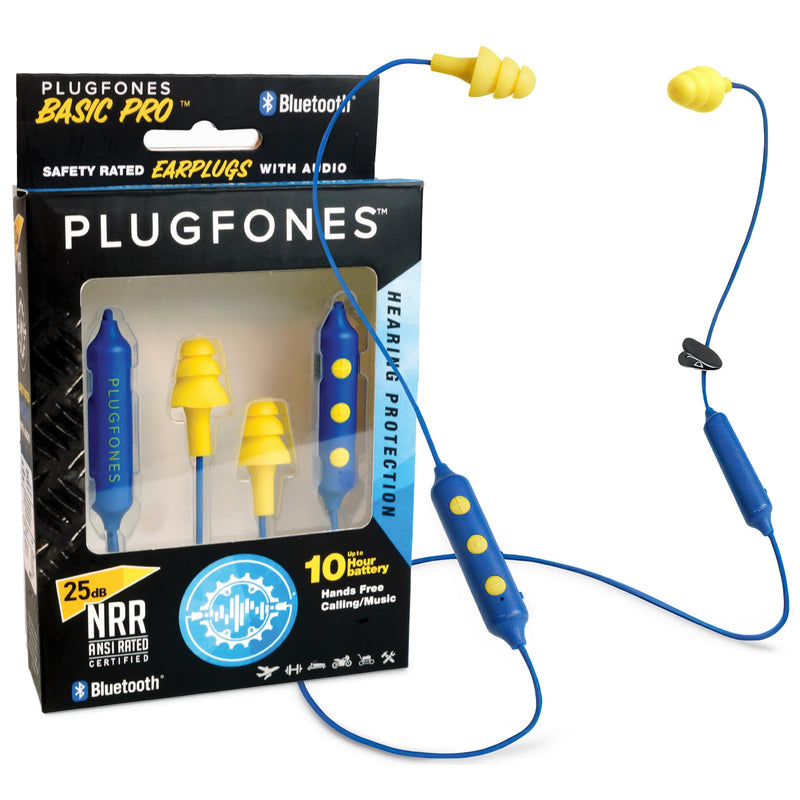 Plugfones Basic Pro Bluetooth Earplug Headphones for Work, OSHA Compliant | 25dB NRR Hearing Protection Earplugs, Wireless Safety Earbuds, Noise Isolating Mic, Construction, Warehouse, Blue & Yellow Blue, Yellow