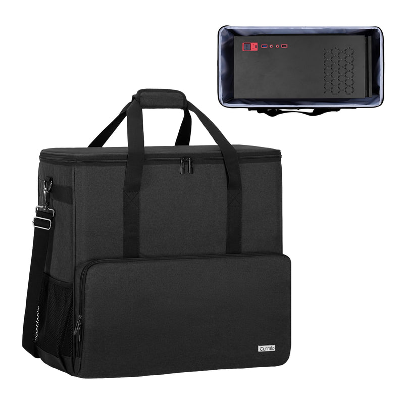 CURMIO PC Carrying Case, Desktop Travel Bag for Full Computer Tower, Black | Computer Desktop Tower Case with Shoulder Straps Fit ATX/M-ATX Motherboards, Keyboard, Mouse, Cables & Earphones