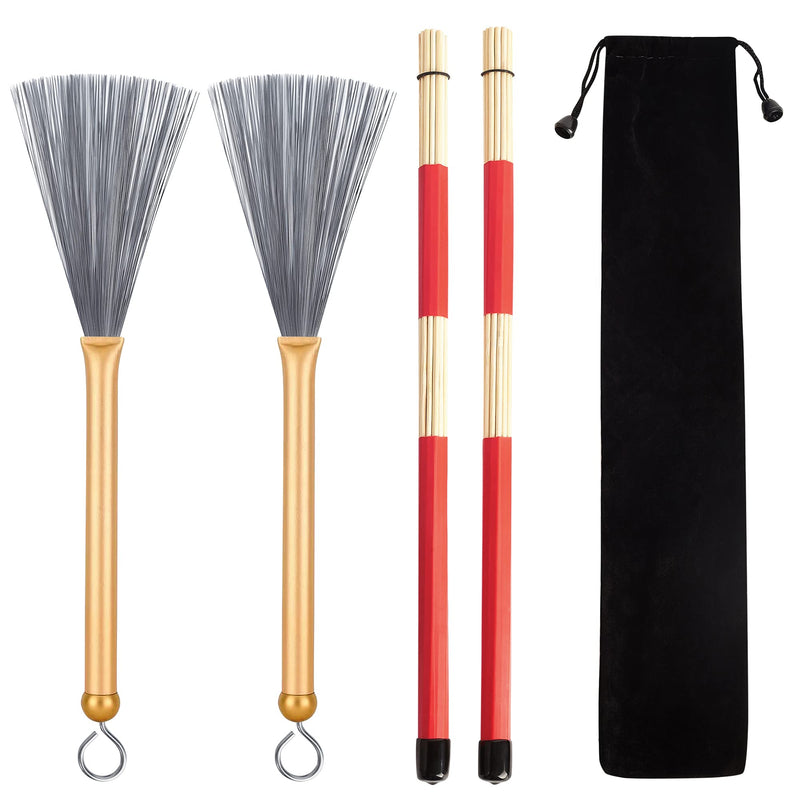 1 Pair Retractable Drum Wire Brushes with Comfortable Aluminum Handles and 1 Pair Rods Drum Sricks Brush for Jazz Cajon Folk Rock Band Drummers Amateurs Beginners (Gold) Gold