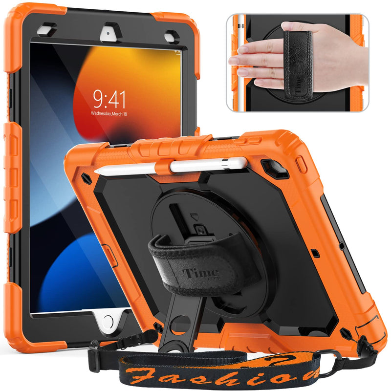 Timecity Case for iPad 9th/ 8th/ 7th Generation 10.2 inch (Case for iPad 9/8/ 7 Gen): with Strong Protection, Screen Protector, Hand/Shoulder Strap, Rotating Stand, Pencil Holder - Orange Black+Orange