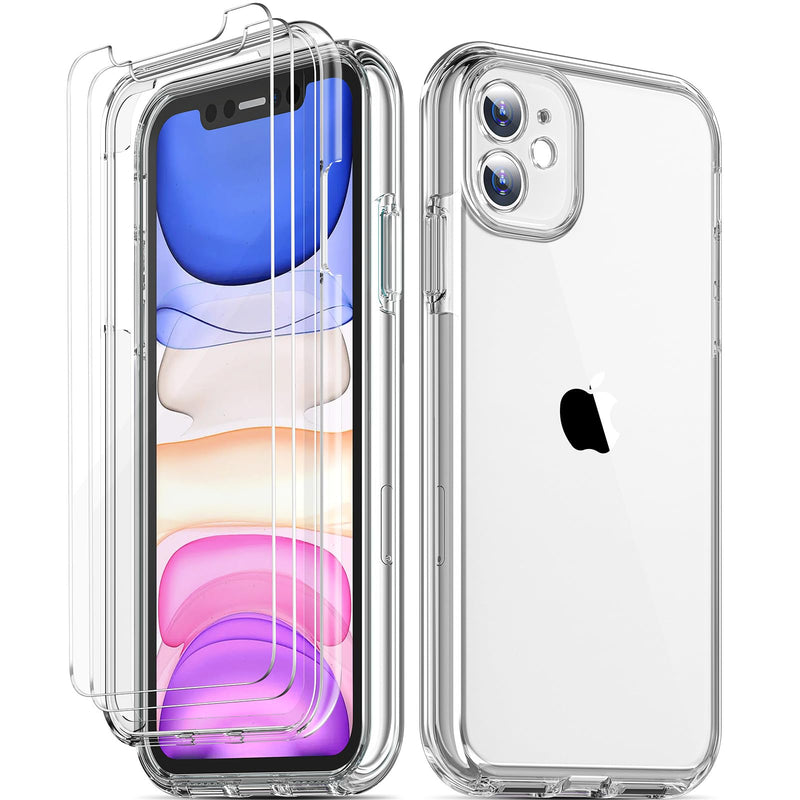 COOLQO Compatible with iPhone 11 Case, and [2 x Tempered Glass Screen Protector] for Clear 360 Full Body Coverage Hard PC+Soft Silicone TPU 3in1 Shockproof Protective Phone Cover 111_Clear 6.1 Inch