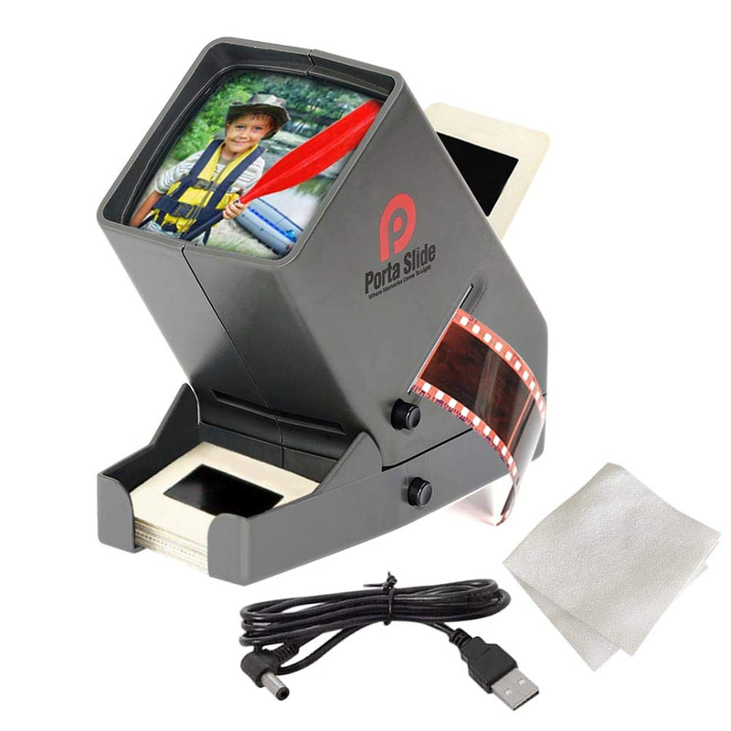 PS-3 Slide Viewer, View 2x2 in. Slides, 35mm Film Strips & Negatives, LED Viewing light, 4 in. Screen, 3x Magnification w/Cleaning Cloth, USB Power Cable included