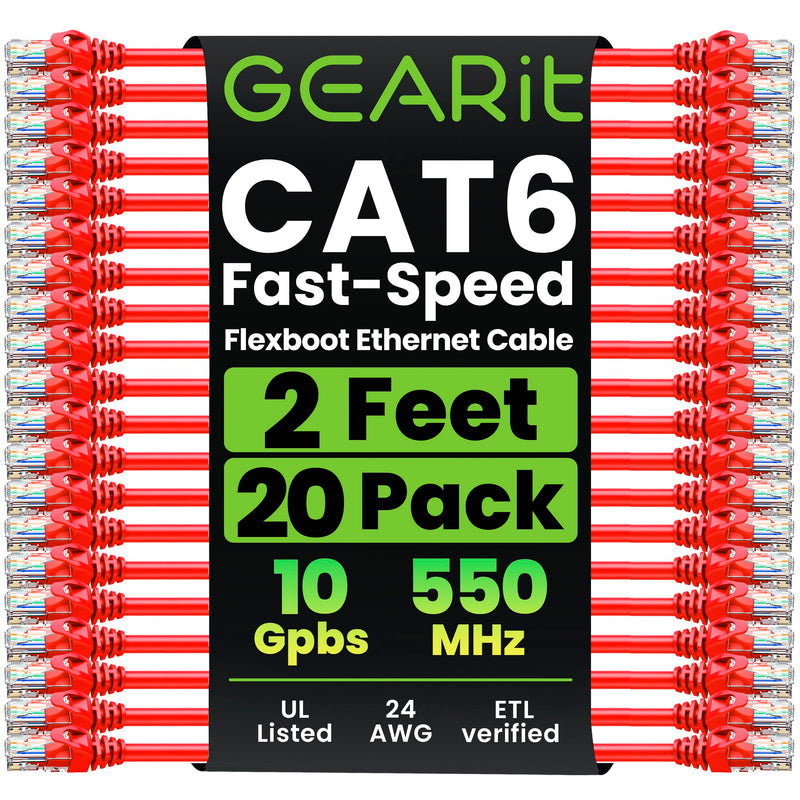 GEARit 20-Pack Cat6 Patch Cable 2 Feet Cat 6 Ethernet Cable Snagless Flexible Soft Tab - Premium Series - Red